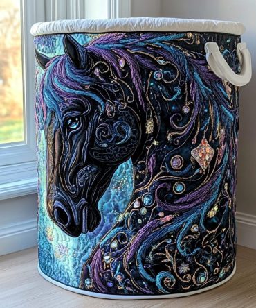 Mystic Horse Quilted Laundry Hamper — Elegant Equestrian Print Fabric Basket With Strong Handles, Collapsible & Decorative Storage Solution