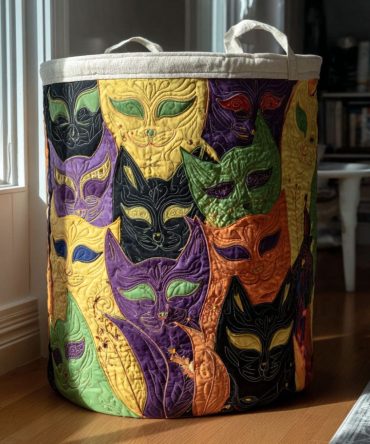 Mystic Mask Cats Quilted Fabric Laundry Hamper — Decorative Masked Cat Washable Clothes Bin With Handles, Foldable Stylish Home Storage Solution
