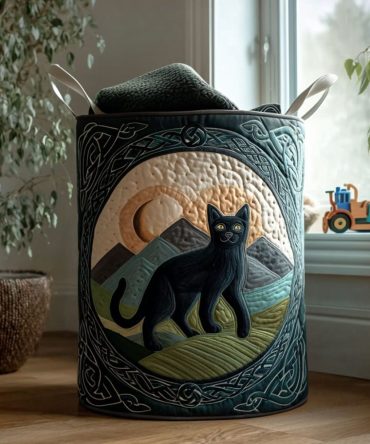 Mystic Moon Paws Quilted Storage Hamper — Decorative Cat Moon Pattern Laundry Basket, Foldable Durable Fabric For Home