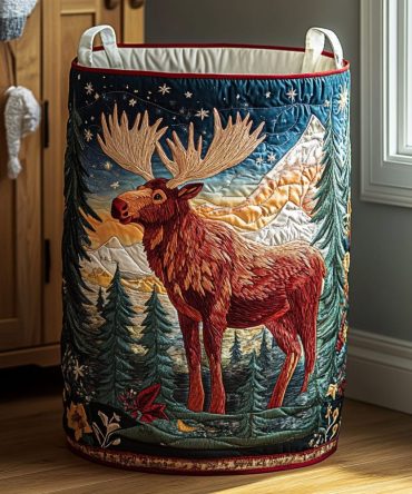 Mystic Moose Quilted Laundry Hamper — Rustic Woodland Design, Large Foldable Cotton Basket With Reinforced Handles