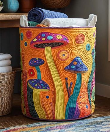 Mystic Mushroom Quilted Laundry Hamper — Whimsical Foldable Basket, Large Capacity, Durable Handles & Machine-Friendly Care
