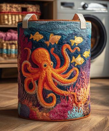 Nautical Octopus Quilted Laundry Hamper — Foldable Decorative Laundry Basket With Handles, Large Capacity Coastal Home Organizer