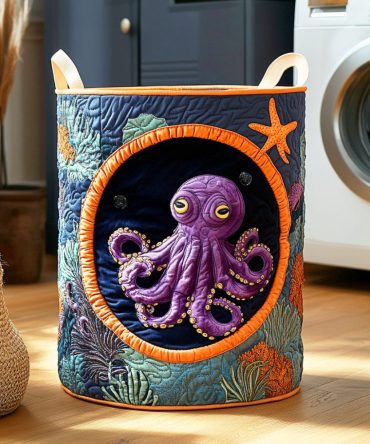 Mystic Octopus Quilted Laundry Hamper - Deep Sea Octopus Print Fabric Basket With Handles, Unique Nautical Home & Bathroom Storage Solution
