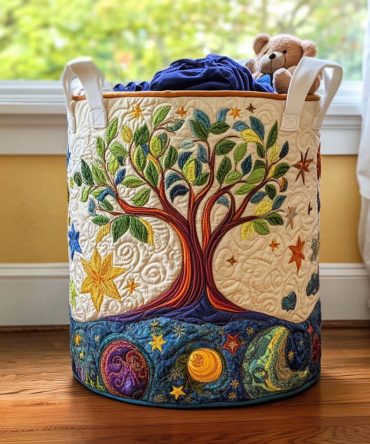 Mystic Tree Quilted Laundry Hamper — Elegant Botanical Print Foldable Storage Basket, Large Cotton Organizer For Modern & Rustic Interiors