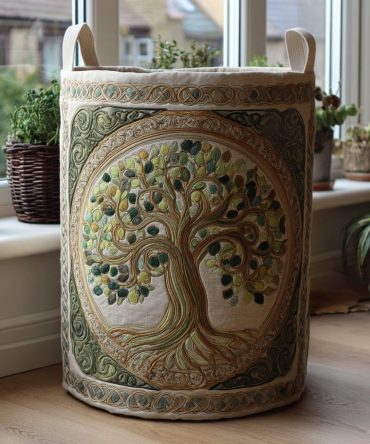 Mystic Tree Quilted Laundry Hamper — Elegant Botanical Fabric Laundry Basket With Reinforced Handles, Foldable Home Organizer