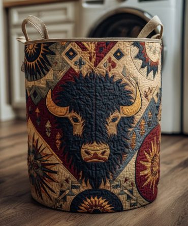 Mystic Tribal Bison Quilted Storage Hamper - Textured Bison Motif Laundry Basket For Rustic & Southwestern Home Styling