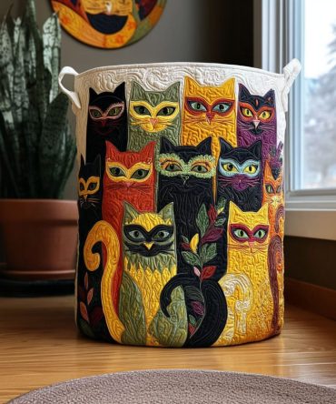 Mystic Whiskers Quilted Fabric Laundry Hamper — Elegant Cat-Print Washable Clothes Basket With Handles, Foldable Bedroom & Laundry Organizer