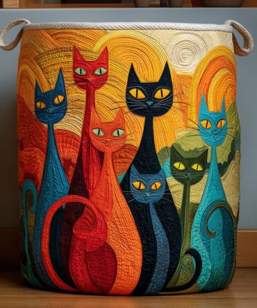 Mystic Whiskers Quilted Cat Laundry Hamper - Whimsical Cat Print Fabric Basket, Foldable, Large Capacity, Washable & Cute Home Decor