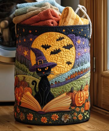 Mystic Witchcat Quilted Hamper — Stylish Foldable Laundry Basket With Magical Witch Cat Design, Reinforced Handles & Cozy Quilting