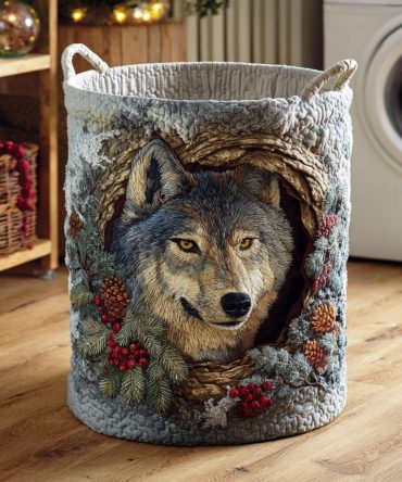 Mystic Wolf Night Quilted Laundry Hamper — Moonlit Wolf Print, Heavy-Duty Collapsible Fabric Basket For Rustic Home Decor