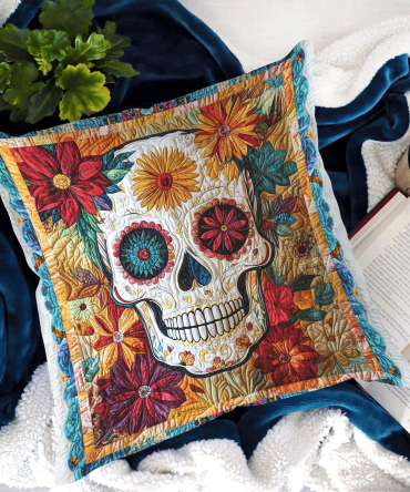 Mystical Floral Skull Quilted Decorative Pillow Cover - Boho Day Of The Dead Skull Throw Pillowcase, Quilted Microfiber Accent For Eclectic Décor