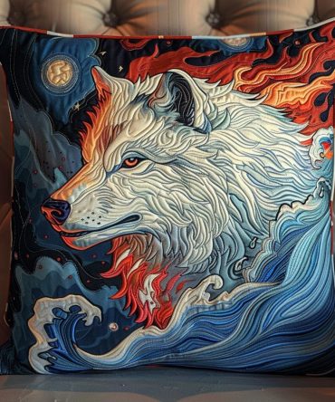 Mystical Ice Wolf Quilted Pillow Cover — Cool-Toned Arctic Wolf Throw Pillowcase, Quilted Texture For Minimalist & Cabin Interiors