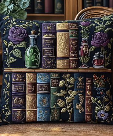 Magic Between Pages Quilted Pillow Cover - Enchanting Floral & Book Motif Pillowcase, Soft Quilted Cotton For Cozy Interiors