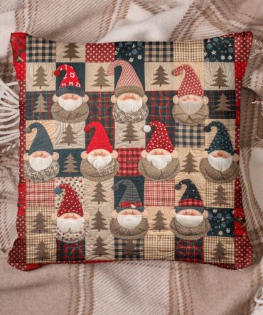 Gnome Village Quilted Decorative Pillow Cover — Charming Garden Gnome Throw Pillowcase, Textured Accent For Porch, Living Room & Outdoor Spaces