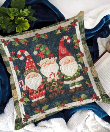 Holiday Gnome Quilted Pillow Cover — Whimsical Festive Gnome Throw Pillowcase, Quilted Christmas Accent For Cozy Living Rooms, Bedrooms & Gift Giving