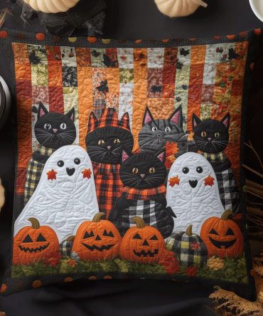 Spooky Feline Quilted Pillow Cover — Haunted Cat Art, Cozy Cotton Decorative Sham For Seasonal Halloween Home & Living Spaces