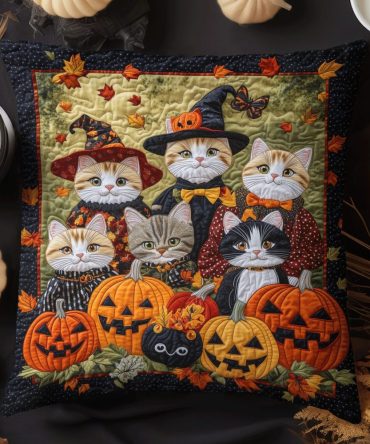 Cat Coven Halloween Quilted Pillow Cover — Witchy Cat Circle Design, Soft Cotton Decorative Sham For Spooky Holiday Home Decor