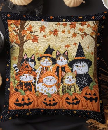 Feline Frights Quilted Pillow Cover — Cute Scary Cat Illustration, Soft Decorative Throw Pillow Sham For Halloween & Gifts