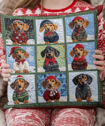 Doxie Winter Wishes Quilted Pillow Cover — Adorable Dachshund Winter Scene, Soft Quilted Decorative Sham For Holiday & Pet Lovers