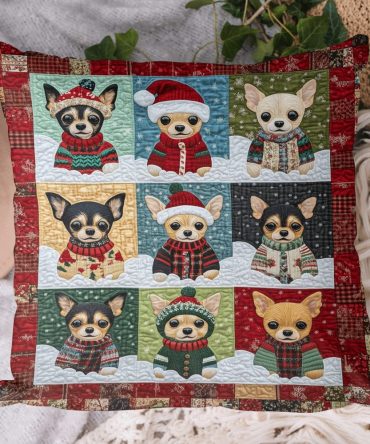 Chihuahua Santa Squad Quilted Holiday Pillow Cover — Playful Festive Dog-Themed Throw Pillowcase, Cozy Seasonal Accent, Reversible & Machine Washable
