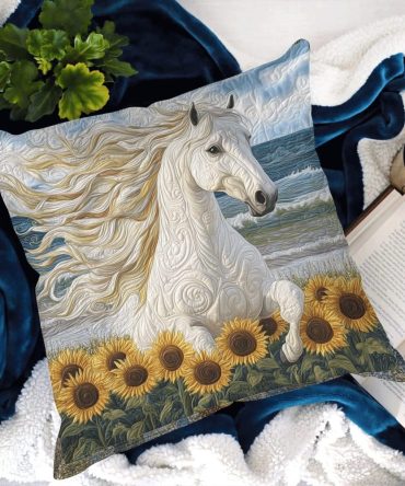Sunflower Gallop Quilted Pillow Cover — Running Horse & Sunflower Design, Premium Soft Quilted Decorative Sham For Country Living Rooms