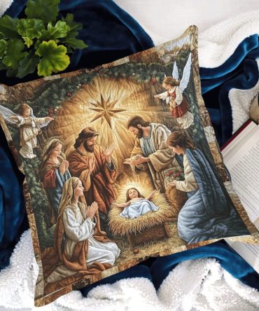 Bethlehem Nativity Quilted Pillow Cover — Sacred Christmas Scene Decorative Throw, Timeless Holiday Accent, Machine Washable, Gift-Ready Home Decor