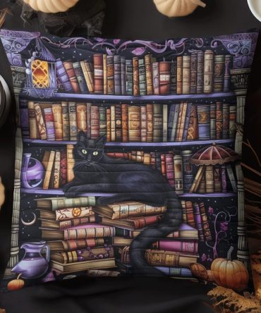 Cat Among Books Quilted Pillow Cover — Whimsical Cat & Books Illustration, Cozy Decorative Throw Sham For Book Lovers