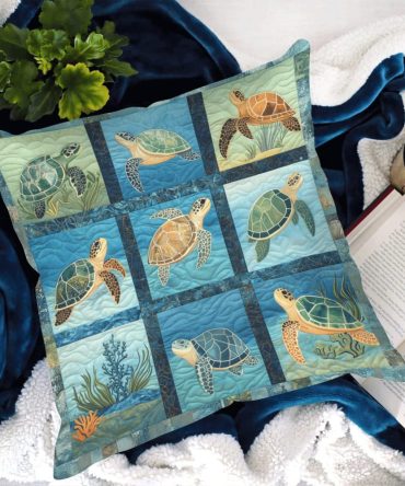 Turtle Tide Quilted Pillow Cover — Coastal Sea Turtle Decorative Throw Pillowcase, Soft Quilting, Washable, Beachy Accent