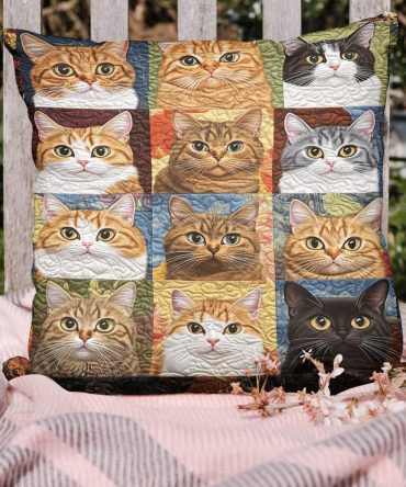 Cats In Bloom Quilted Pillow Cover — Floral Cat Print Decorative Throw Pillowcase, Soft Quilting, Vibrant Garden Accent