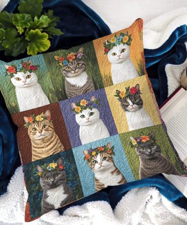 Floral Whiskers Quilted Throw Pillow Cover — Charming Cat & Blossom Decorative Cushion Case, Soft Reversible, Machine Washable For Home & Gifts