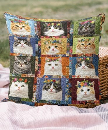 Blooming Cats Quilted Decorative Pillow Cover — Elegant Floral & Feline Throw Pillowcase, Soft Reversible Design For Living Room, Bedroom, Gift-Ready
