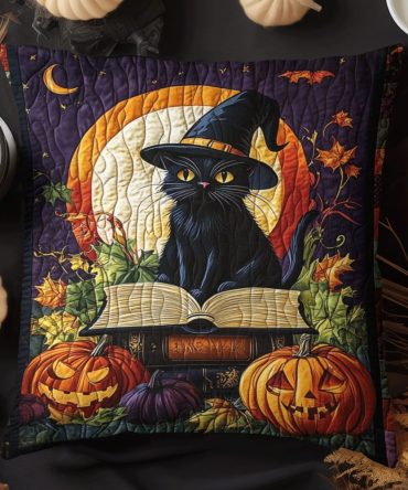 Witchy Whiskers Quilted Pillow Cover — Playful Witch Cat Decorative Throw Pillowcase, Halloween & Everyday Cozy Accent, Washable