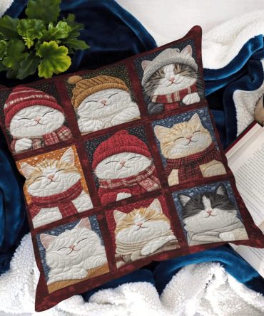 Cuddly Cats Quilted Pillow Cover — Adorable Cozy Cats Pattern, Soft Cotton Decorative Sham For Nursery, Sofa & Cat Lovers' Gifts