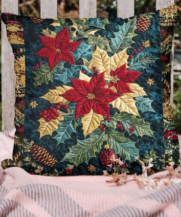 Holiday Poinsettia Quilted Pillow Cover — Festive Red Christmas Throw Pillowcase, Soft Quilted Decorative Accent For Sofa, Bed & Holiday Decor