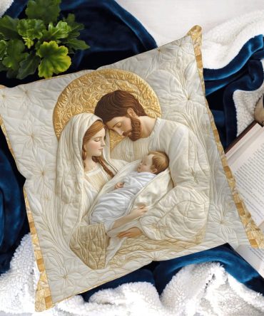 Joyous Nativity Scene Quilted Pillow Cover - Religious Christmas Throw Pillowcase, Sacred Holiday Manger Design For Home Decor