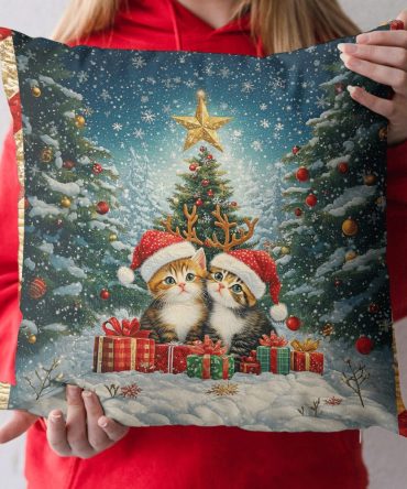 Purrfect Christmas Cat Quilted Pillow Cover — Cute Holiday Cat Pillowcase, Quilted Decorative Accent For Cat Lovers, Sofa, Bed & Christmas Gifts