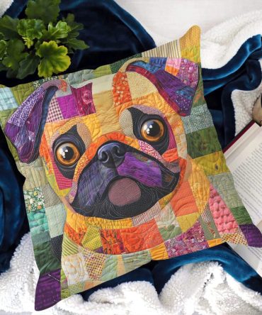 Pug Colors Delight Quilted Pillow Cover - Vibrant Pug Dog Throw Pillowcase, Colorful Canine Design For Pet Lovers, Soft Couch Accent