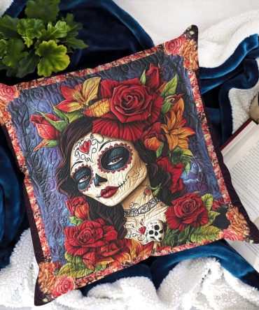 Mystical Floral Skull Quilted Pillow Cover - Enchanted Gothic Bohemian Throw Pillowcase, Intricate Skull & Flower Art For Statement Decor