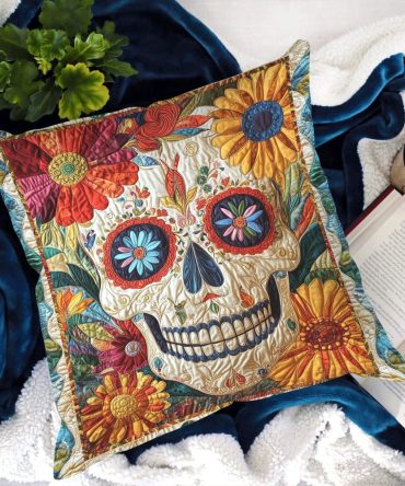 Fiesta Sugar Skull Quilted Pillow Cover — Colorful Day Of The Dead Decorative Throw Pillowcase, Festive Quilted Accent For Boho & Holiday Homes
