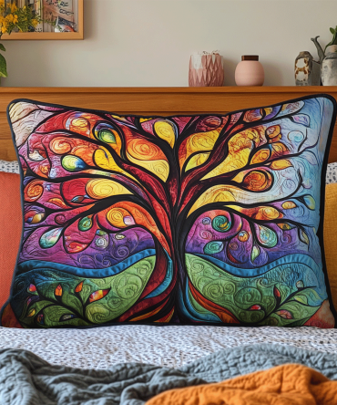 Golden Tree Of Life Embroidered Quilted Pillow Cover - Luxe Cotton Pillowcase For Elegant, Spiritual And Eclectic Home Decor