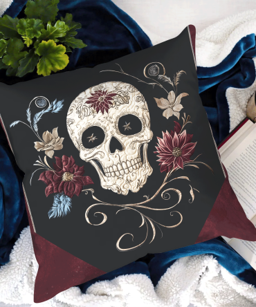 Gothic Midnight Floral Skull Quilted Throw Pillow Cover — Soft Cotton-Blend Accent For Bed & Sofa, Reversible, Machine-Washable