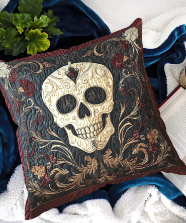 Shadowed Roses Skull Quilted Throw Pillow Cover — Dark Floral Skull Design, Soft Quilted Cotton-Blend, Accent For Living Room & Bedroom