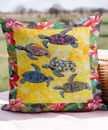 Turtle Paradise Quilted Pillow Cover — Tropical Sea Turtle Decorative Throw Pillowcase, Plush Quilting, Washable & Durable