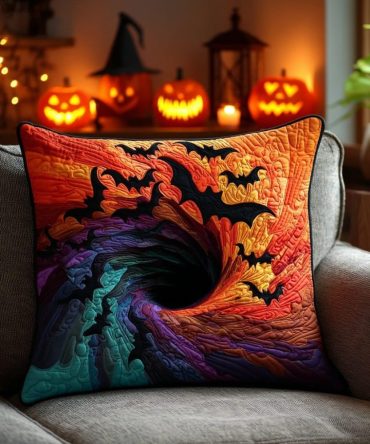 Hellfire Flight Quilted Pillow Cover — Dramatic Gothic Halloween Throw Pillow Case, Quilted Fiery Bat Sham With Zipper, Dark Home Accent Decor
