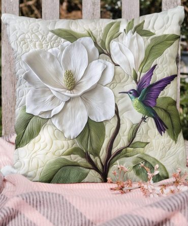 Pure Magnolia Quilted Decorative Pillow Cover — Floral Magnolia Cushion Sham, Elegant Botanical Accent For Sofa & Bed