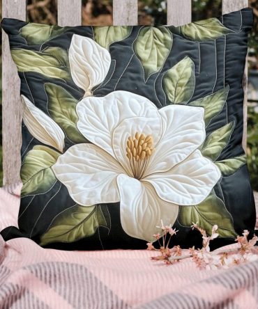 Magnolia Bloom Quilted Pillow Cover — Elegant Floral Decorative Throw For Classic, Cottage & Southern-Inspired Interiors