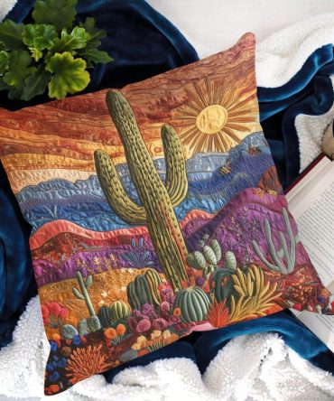 Desert Bloom Quilted Pillow Cover — Boho Floral Cactus Throw Pillowcase, Soft Cotton-Blend Accent For Bed & Sofa