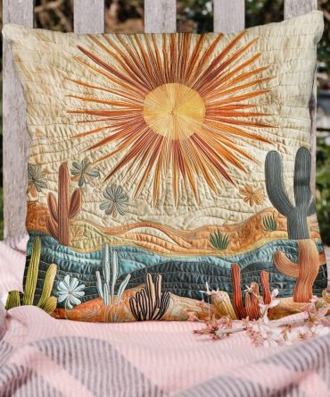 Sunrise Cactus Quilted Decorative Pillow Cover – Southwestern Succulent Cushion, Soft Quilted Cotton Blend, Machine-Washable Accent
