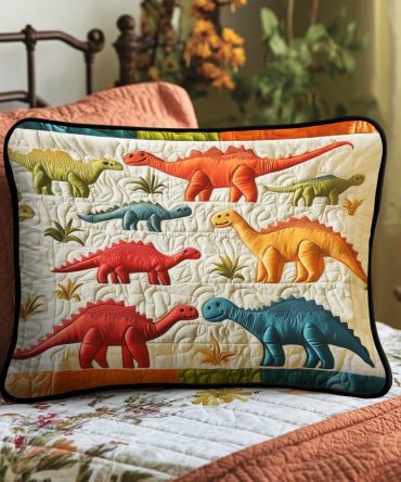Playful Dino Quilted Pillow Cover — Kids' Prehistoric-Themed Pillowcase, Soft Quilting, Durable Cotton-Blend, Machine Friendly