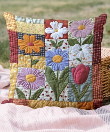 Petal Path Quilted Pillowcase – Elegant Floral Throw Pillow Cover For Bed, Sofa & Garden Benches, Soft Cotton, Reversible, Washable